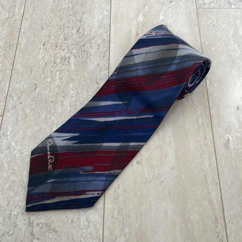 Men’s Vintage Oscar de la Renta Abstract Colorful Suit Tie Red Blue